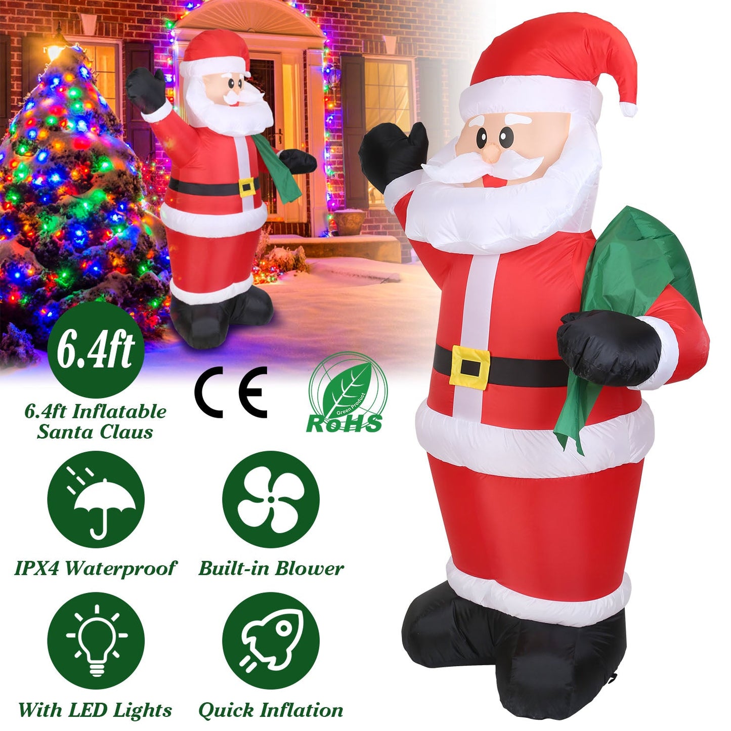 Santas géant gonflable de 1,95 m avec lumières LED