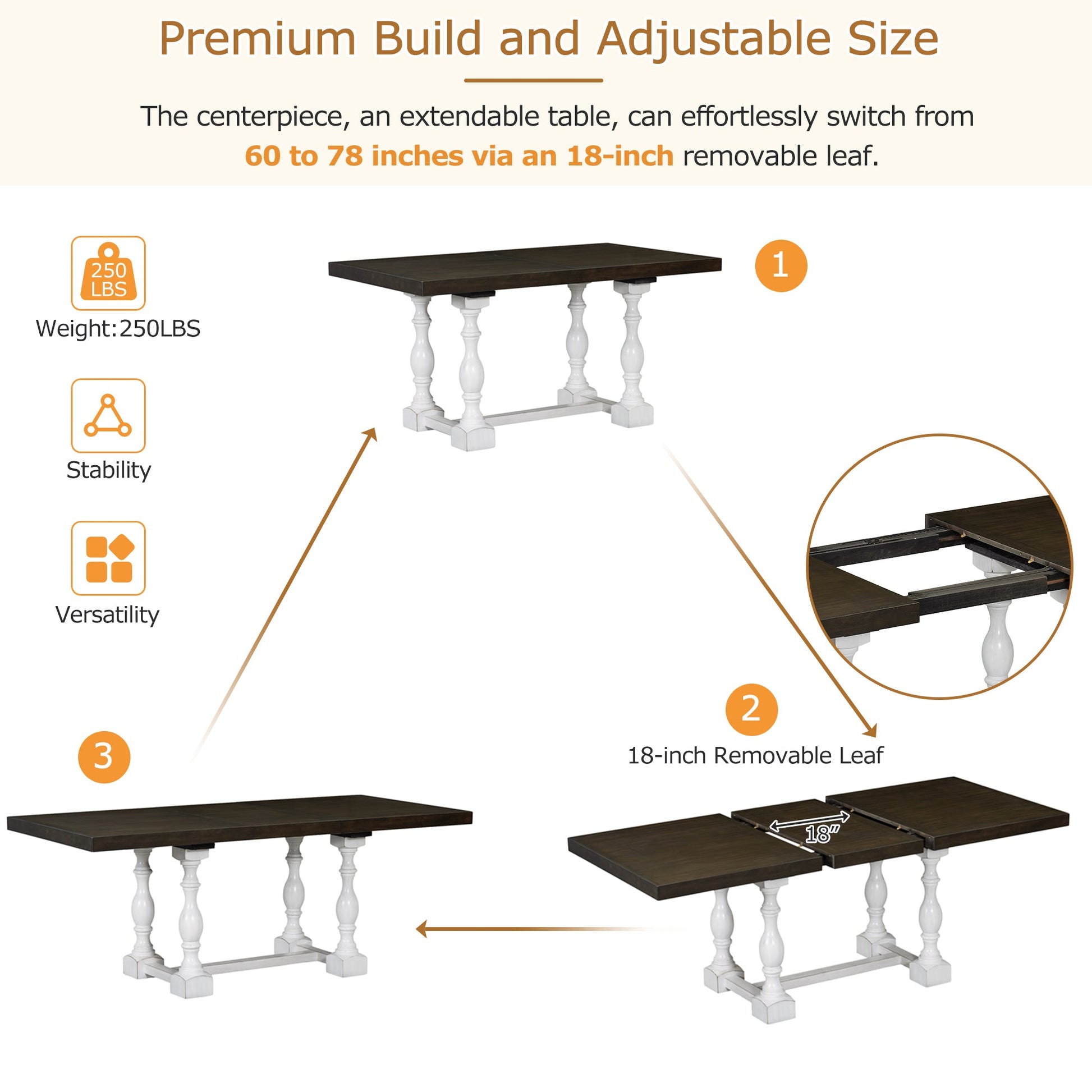Traditional 6-Piece 78inch Trestle Extendable Dining Table Set with One 18inch Removable Leaf Distressed White - Korvel