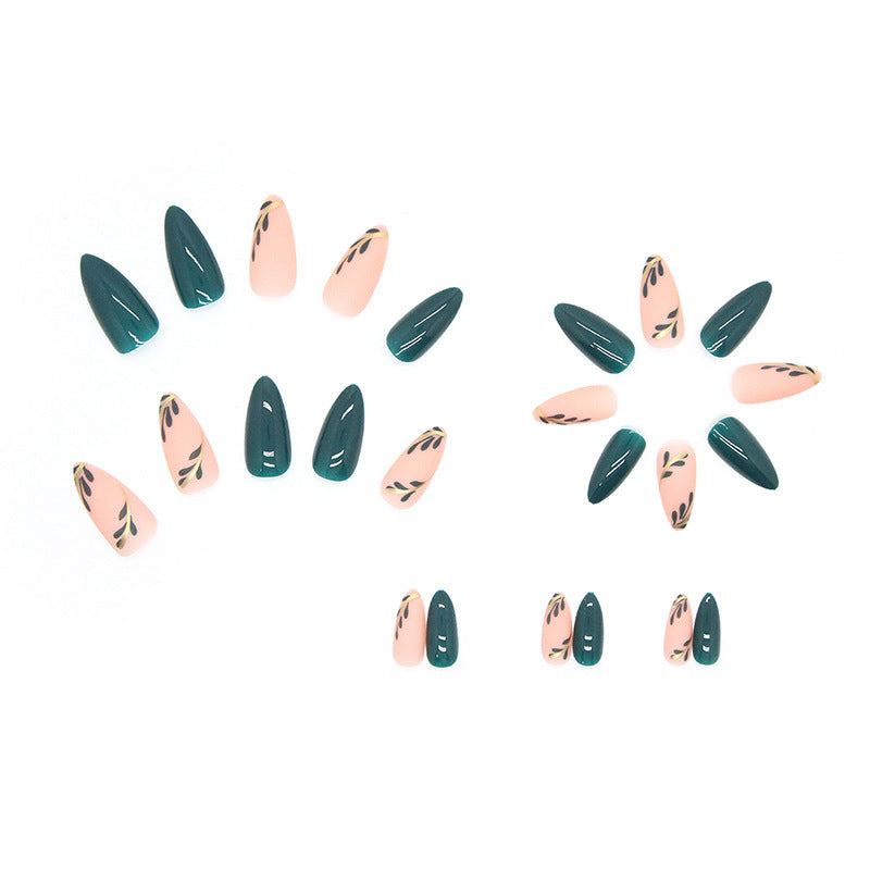 Almond Fake Nails with Green Leaves Design Elliptic Acrylic False Nails Wearable French Press on Nail Manicure Tips - Korvel
