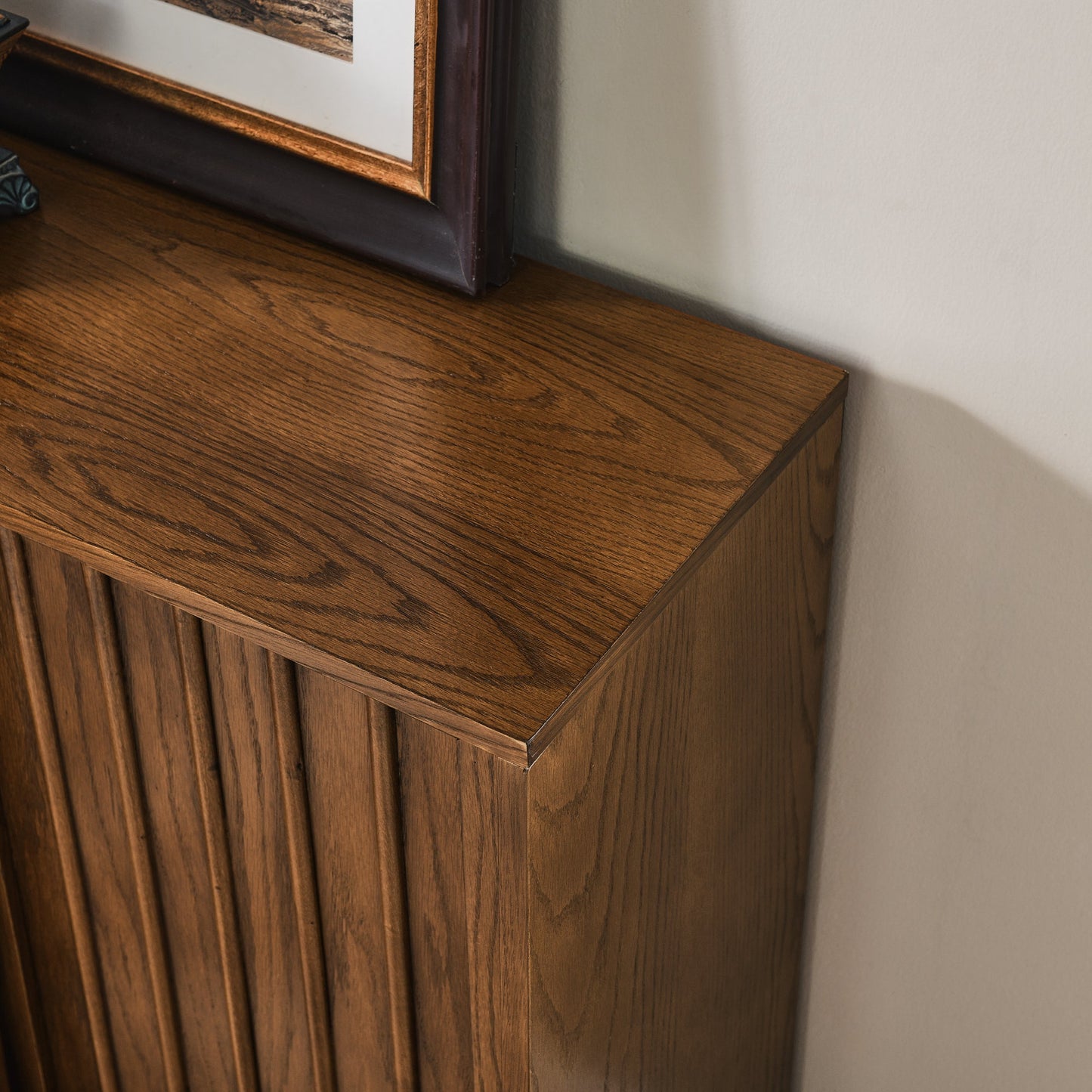 Medieval side panel with 2 sliding doors and solid wood decorative strips, storage cabinet - Korvel
