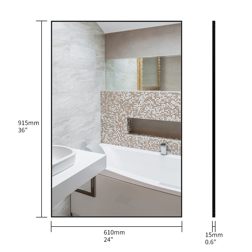 Modern Black Bathroom Mirror - 36x24 Inch Aluminum Frame