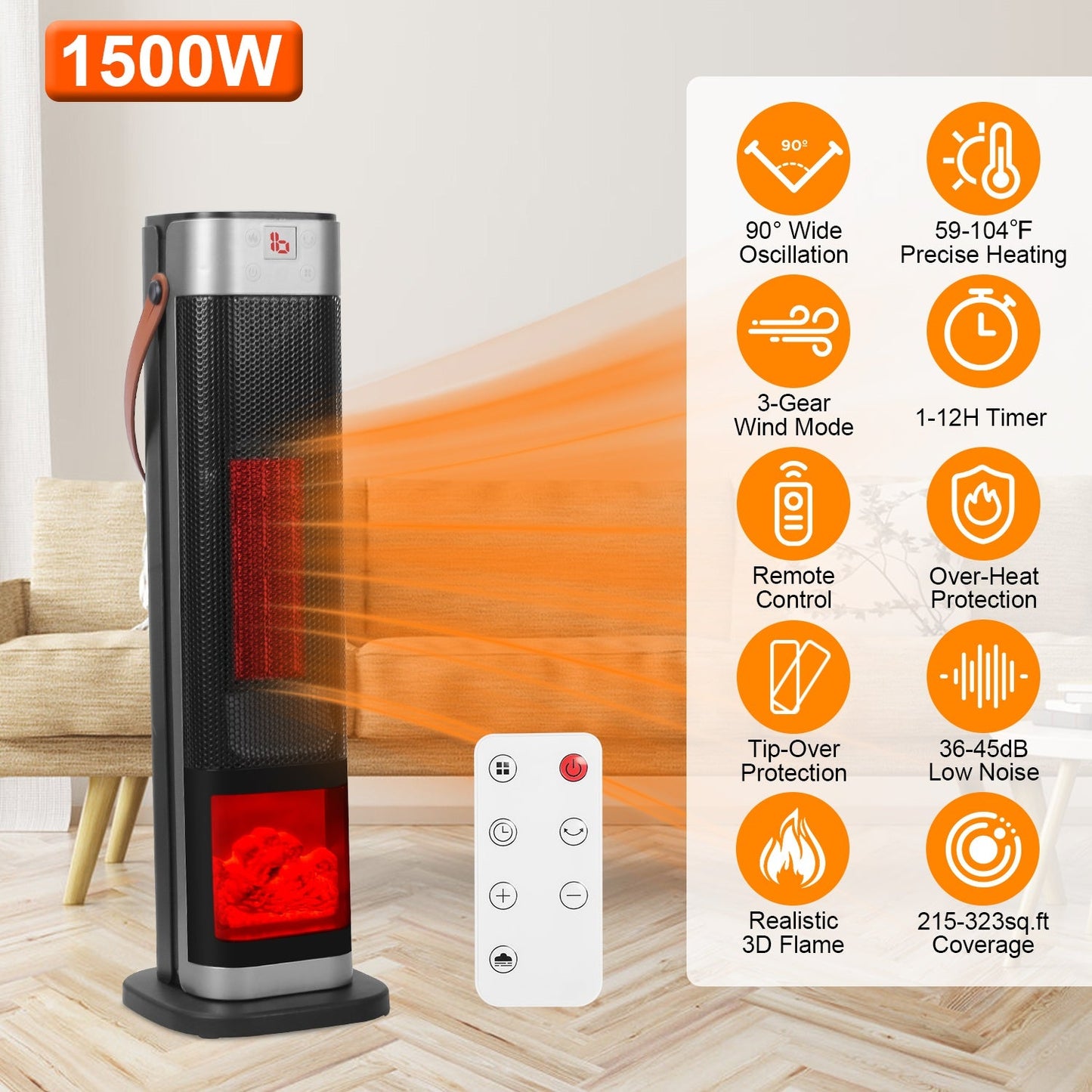 1500W Oscillating Ceramic Tower Space Heater with 3D Flame