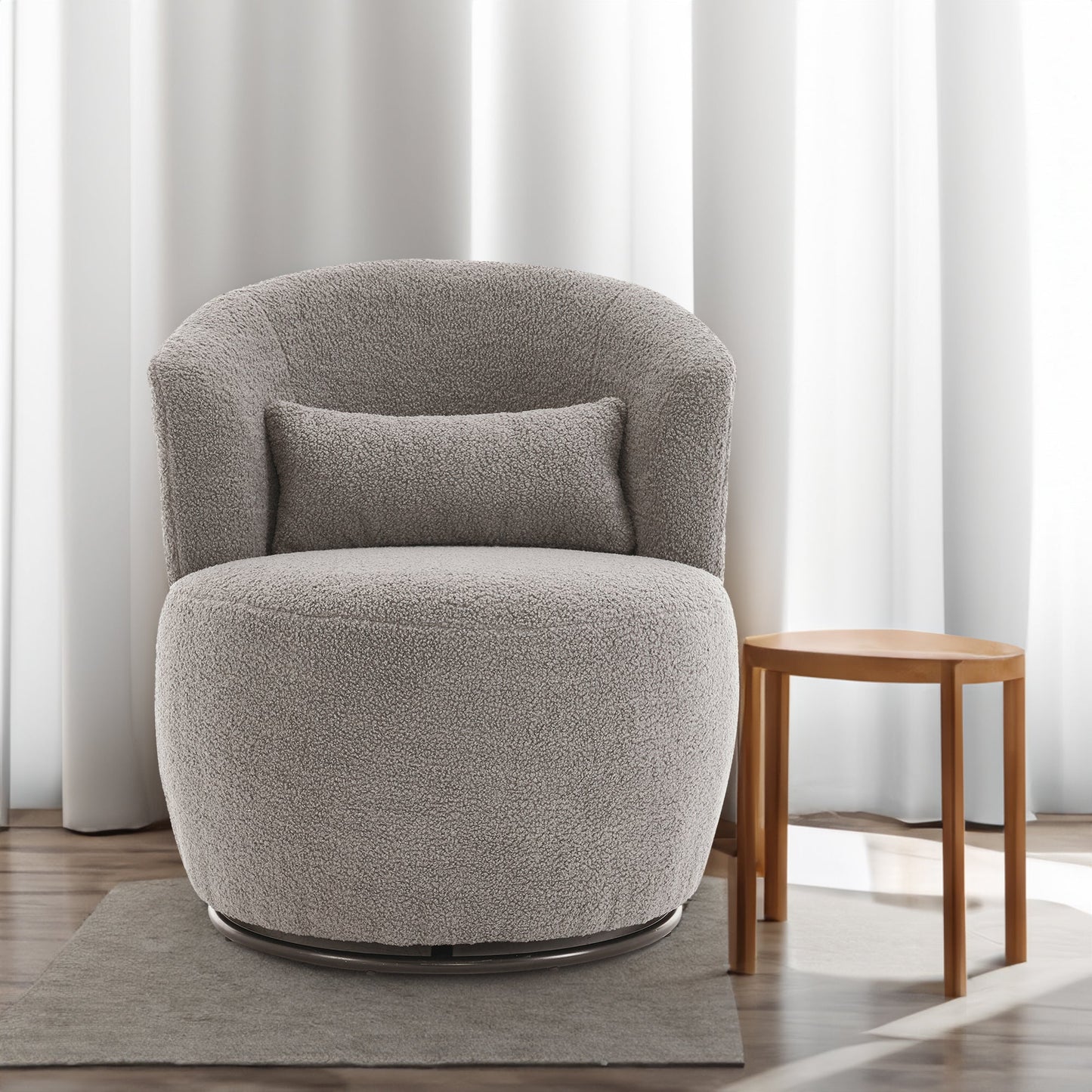 Grey Plush Swivel Accent Chair - Contemporary Round Armchair with 360° Rotation and Metal Base for Living Room Elegance - Korvel