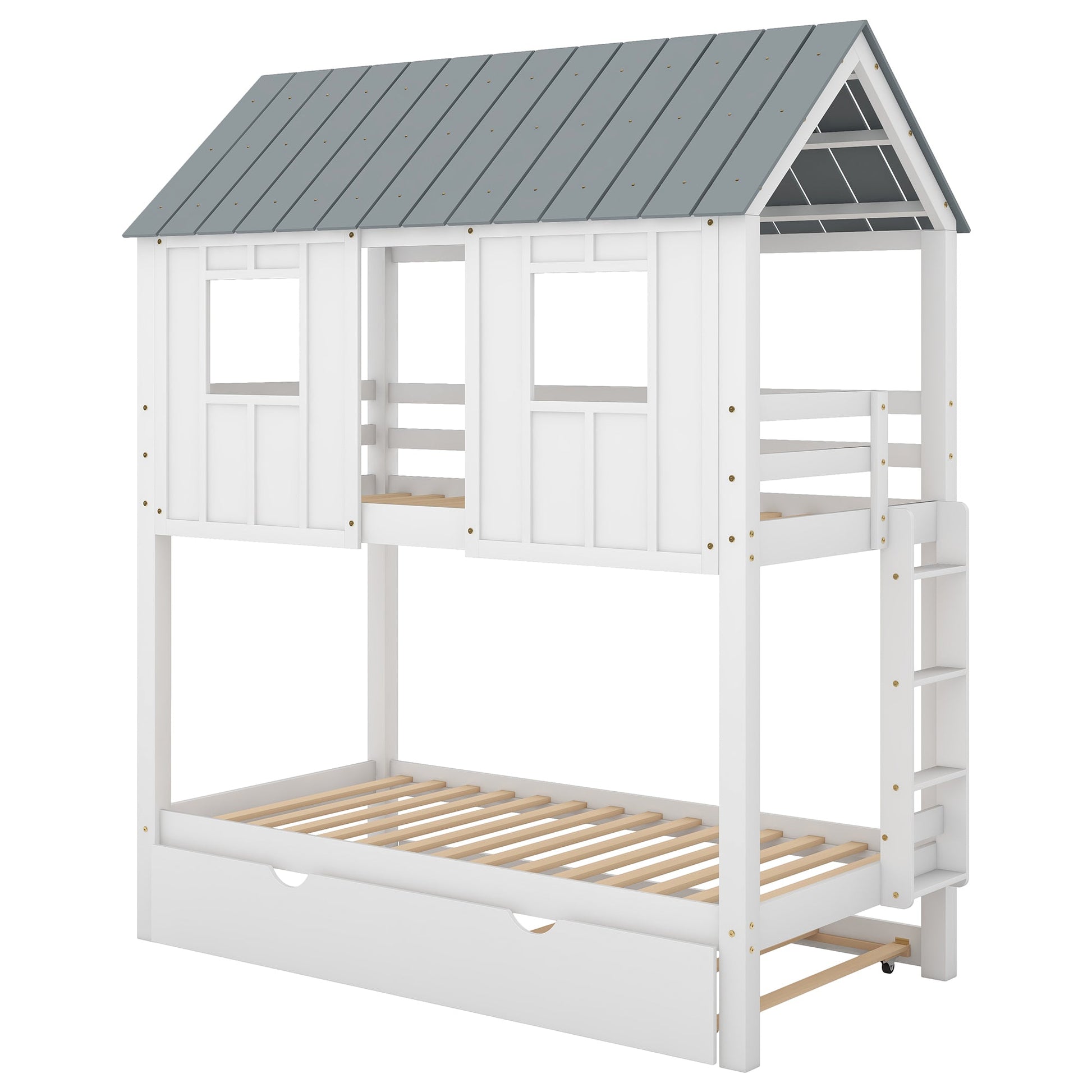 House Bunk Bed with Trundle,Roof and Windows White - Korvel