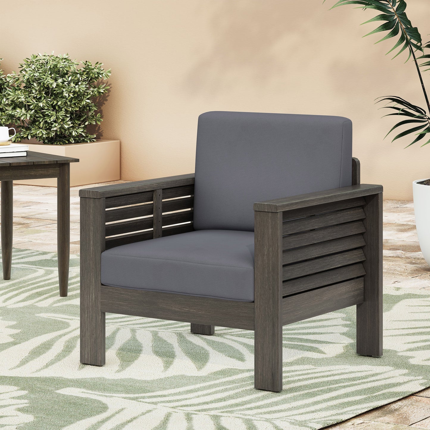 Outdoor Acacia Wood Club Chairs with Cushions, Dark Gray, 27.75"D x 32"W x 27.75"H - Korvel
