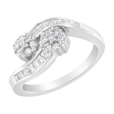 Bague Bypass en Diamant Rond et Baguette en Or Blanc 14K - Taille 6