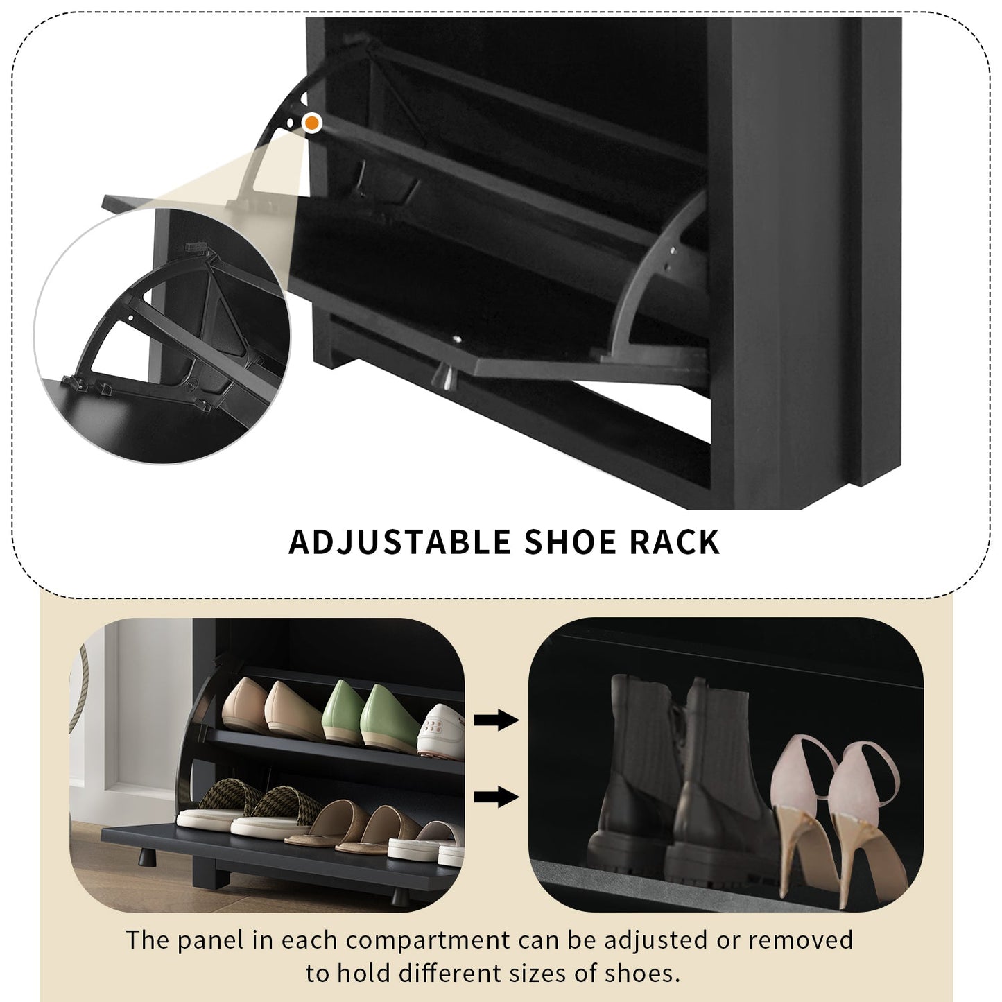 ONTREND Black Shoe Cabinet with 2 Flip Drawers