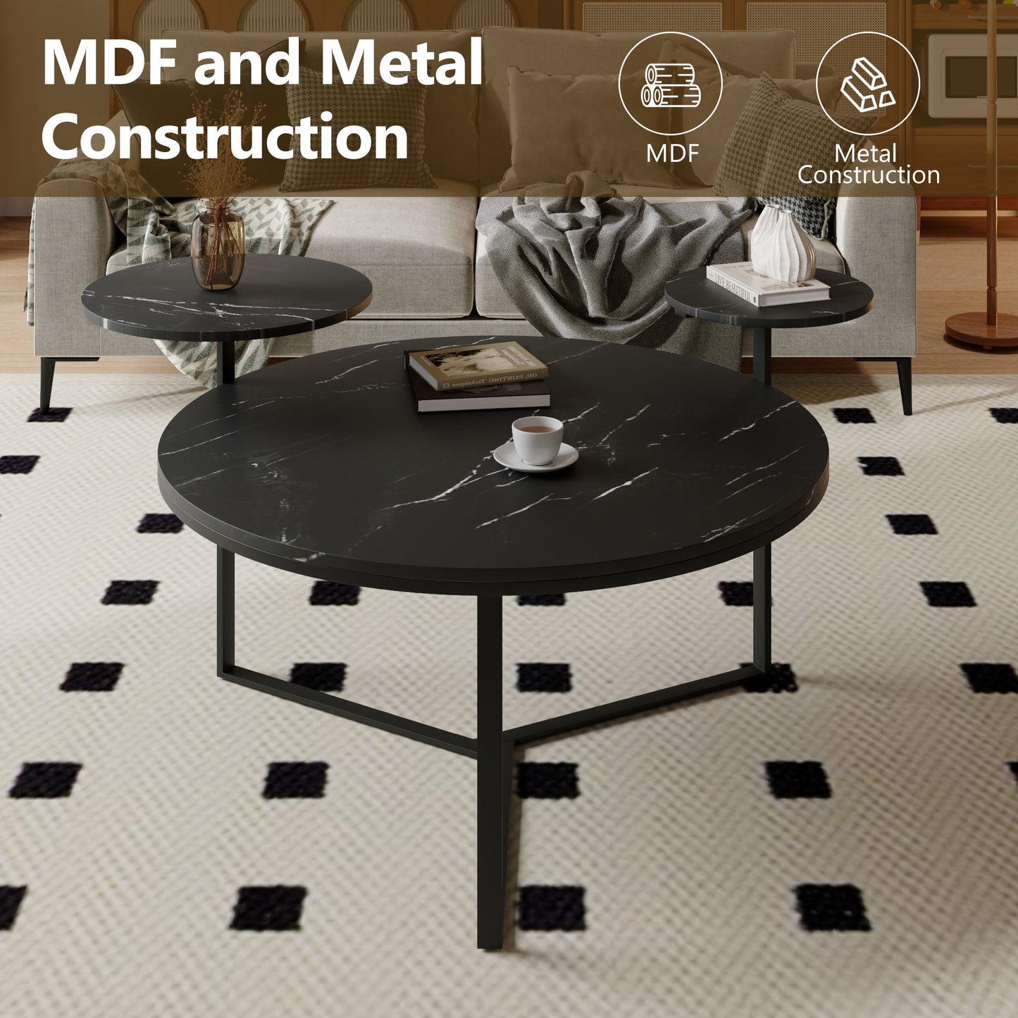 Modern coffee table with two display shelves, Black Faux marble surfaces, Tripod-inspired base,Rounded tabletop edges - Korvel