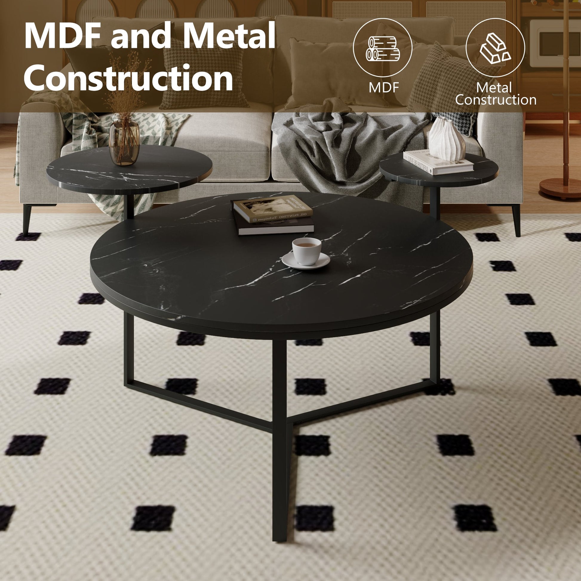 Modern coffee table with two display shelves, Black Faux marble surfaces, Tripod-inspired base,Rounded tabletop edges - Korvel