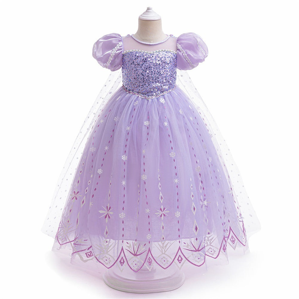 Frozen 2 Elsa Princess Dress Purple Bubble Sleeves Pearl Mesh Girls' Cosplay Dress Performance Dress - Korvel