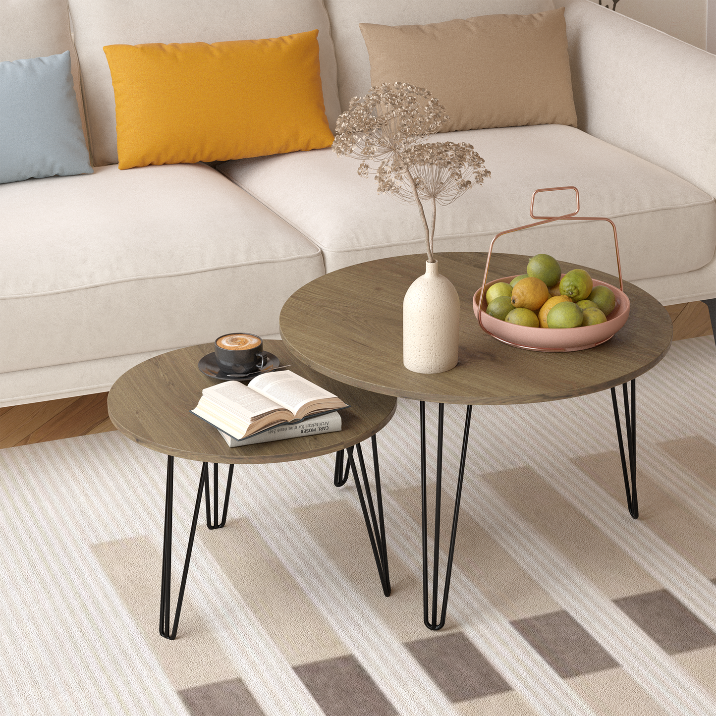 27.56'' Round Nesting Coffee Table Set of 2, Circular Nesting End Table Set  Sturdy Metal Base for Living Room, bedroom, Brown - Korvel