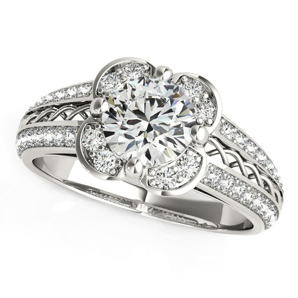 Round Diamond Floral Motif Engagement Ring in 14k White Gold