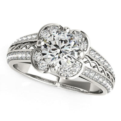 Round Diamond Floral Motif Engagement Ring in 14k White Gold