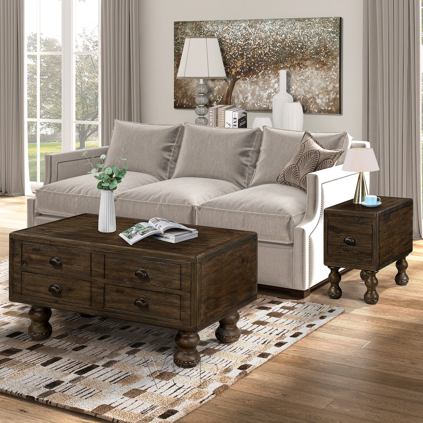 Solid wood end table, rectangular 23.6 inch narrow edge table with drawers, vintage bedside table, Espresso - Korvel