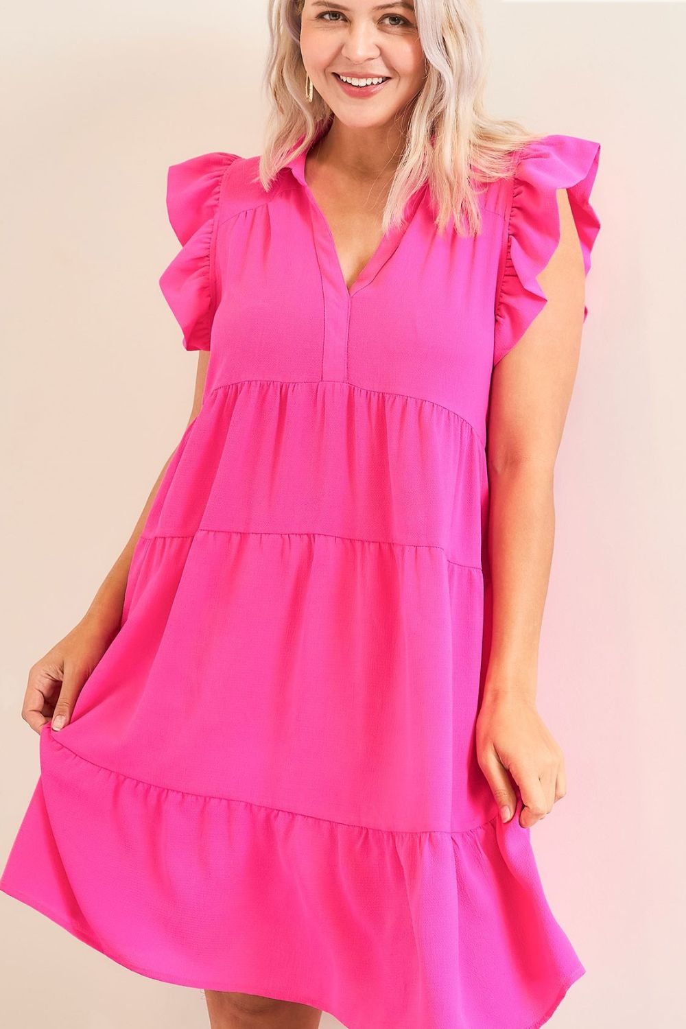 Elegant Pink Plus Size Ruffle Cap Sleeve Dress