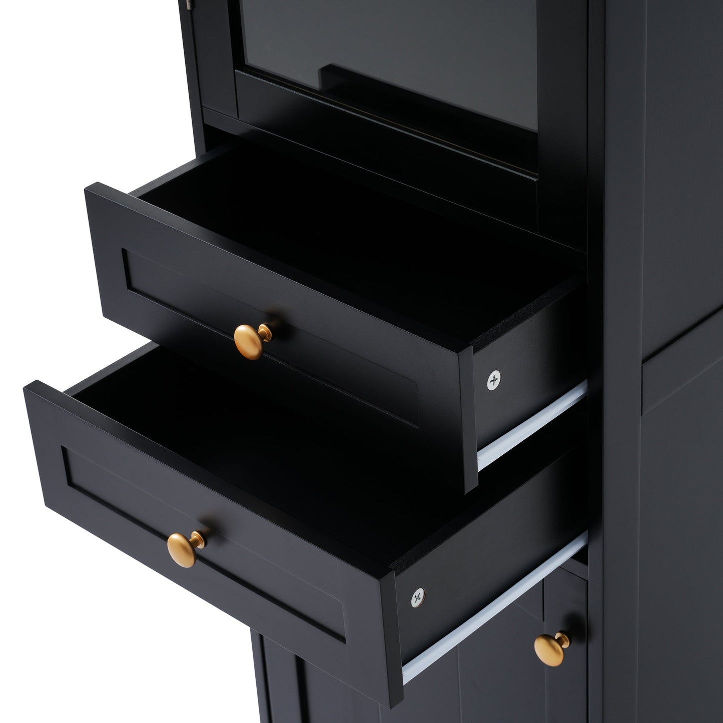 Tall Bathroom Storage Cabinet with Glass Doors, Free-Standing, Two Drawers, and Adjustable Shelves, MDF Board, Painted Black - Korvel