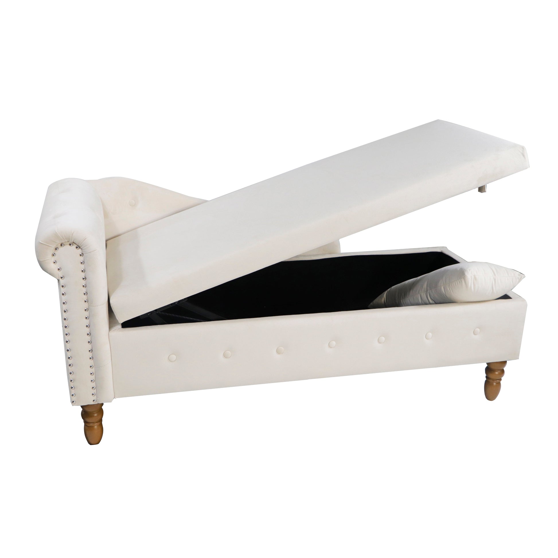Beige Chaise Lounge Indoor Velvet Lounge Chair for Bedroom with Storage & Pillow Modern Upholstered Rolled Arm Chase Lounge - Korvel