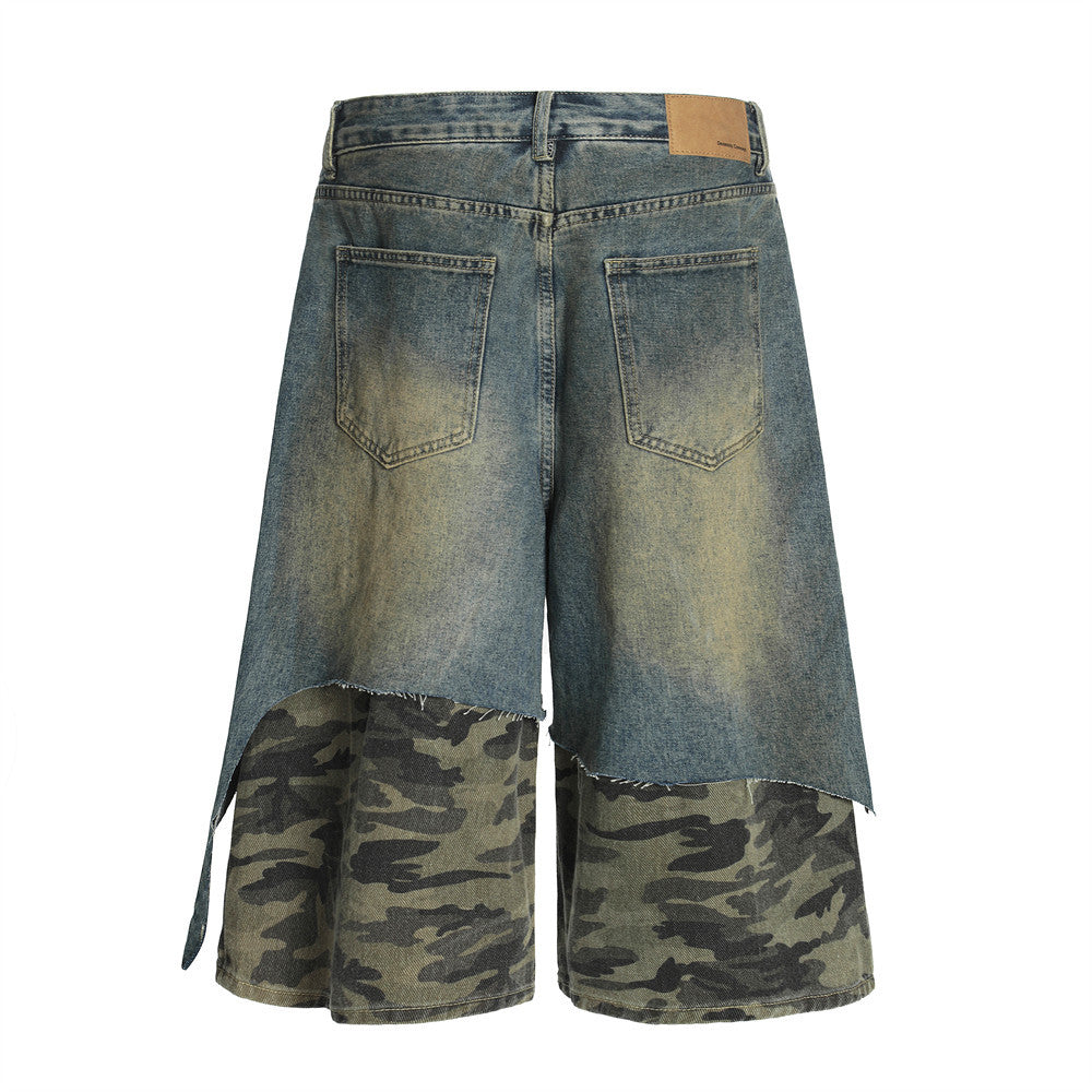 Shorts en denim camouflage patchwork pour hommes
