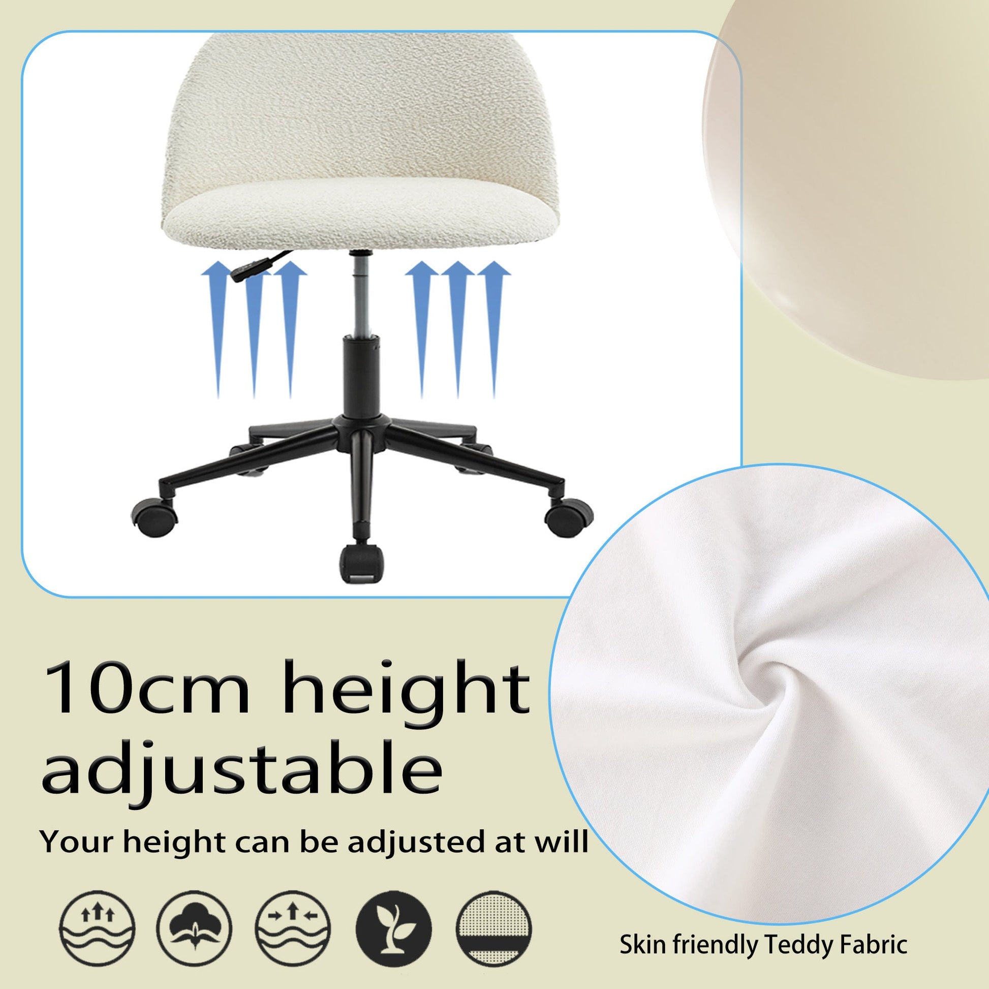 Velvet fabric office chair, mid back adjustable rotating computer chair, black legs, cushioned office chair with wheels ，White - Korvel