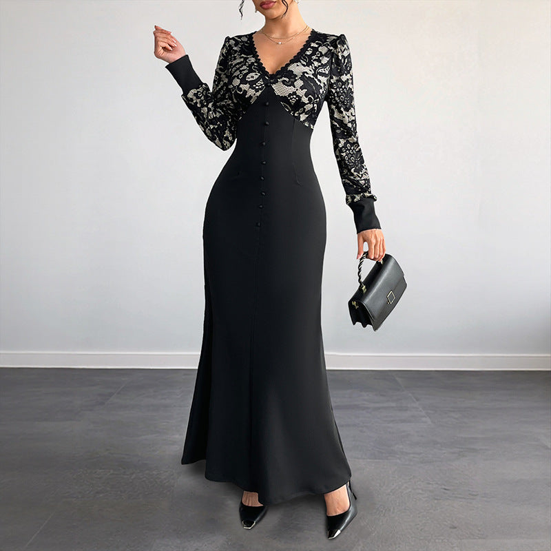 Sexy Retro Lace Splicing Long Sleeve V-neck Dress for Evening and Date - Korvel