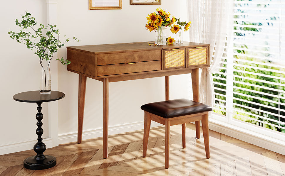 43.3" Wooden Vanity Set with Flip Mirror and Stool
