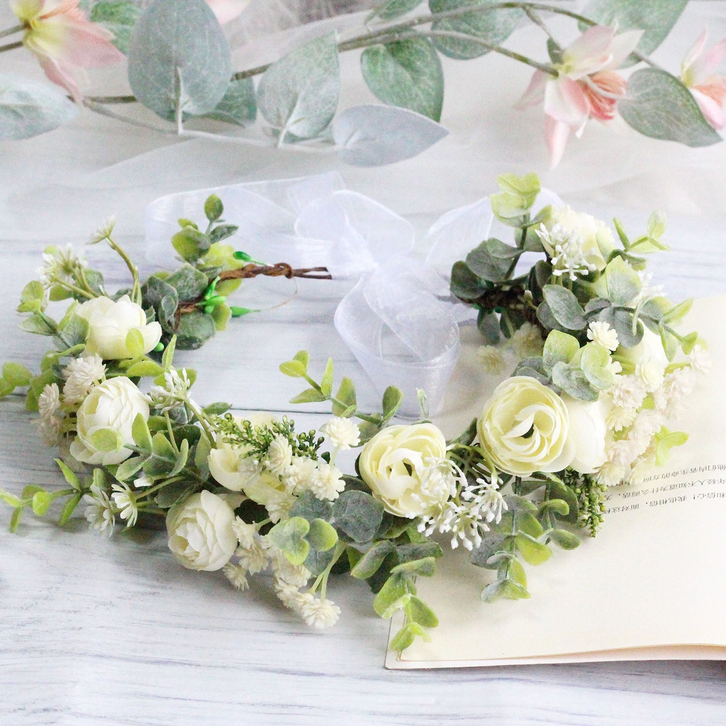 Forest style curled edge rose headband, simulated starry sky, eucalyptus wreath, bride's wedding dress, photography, headwear - Korvel