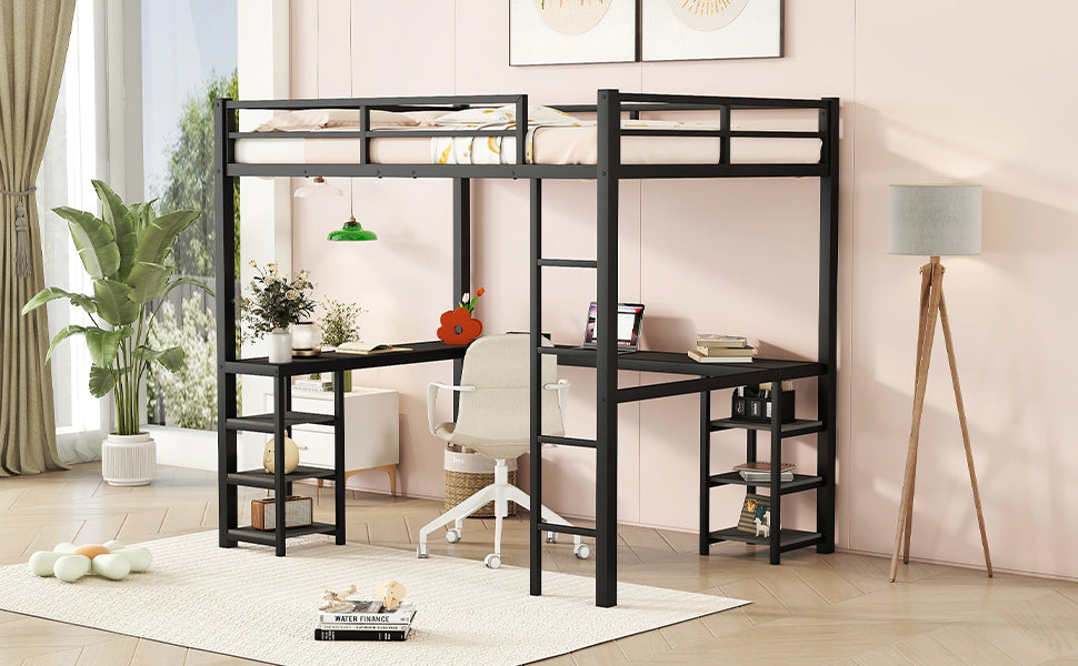 Cama loft de metal negro premium con escritorio y estantes