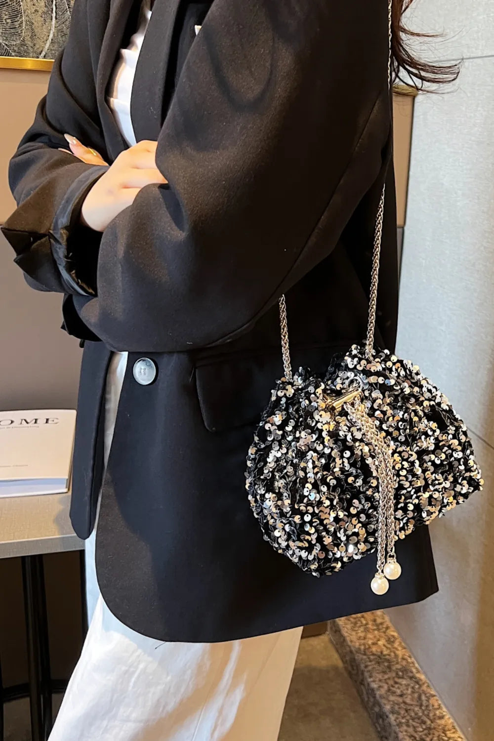 Sequin Chain Drawstring Bucket Bag - Korvel