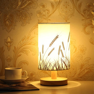 Linen Table Lamp LED Linen Night Lamp w/Warm White Light Linen Nightstand Lamp USB Powered Wooden Beside Lamp - Korvel