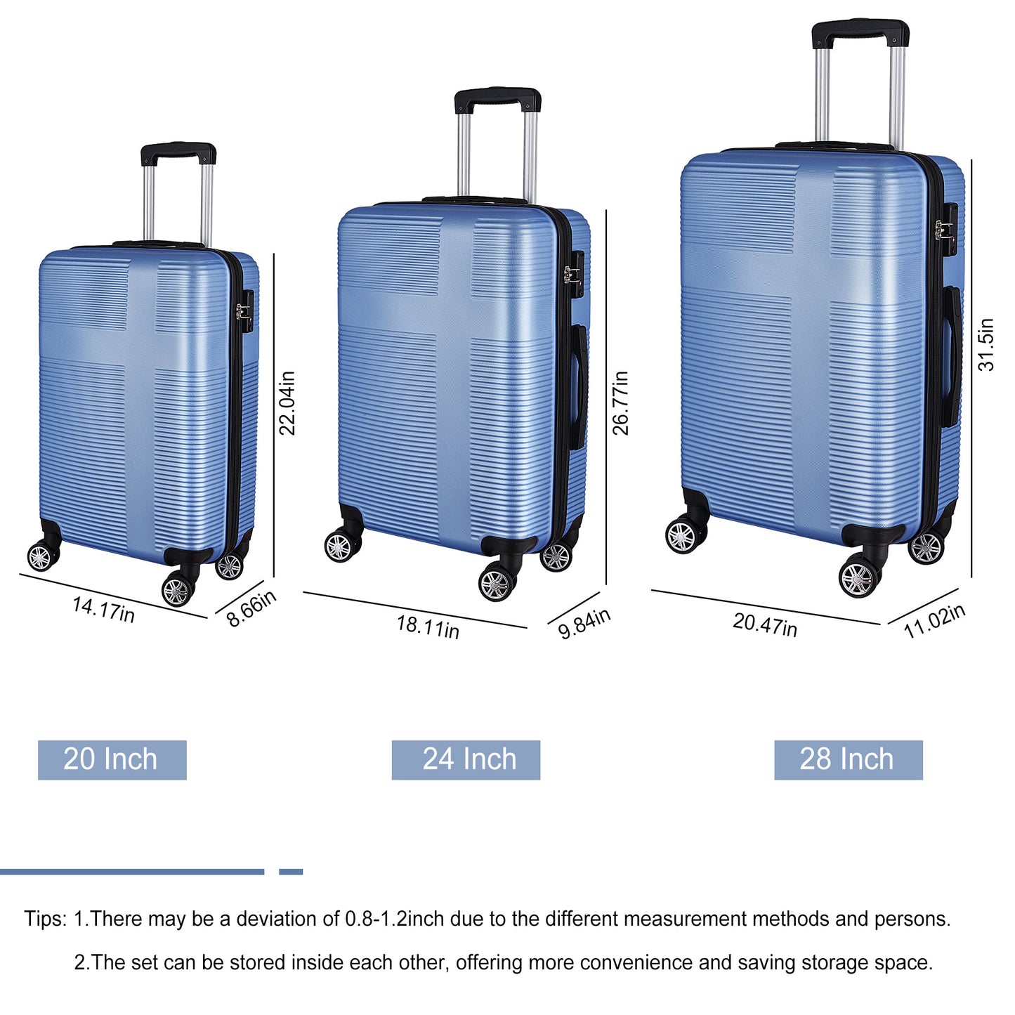 3 Piece Luggage with TSA Lock ABS, Durable Luggage Set, Spinner Wheels Cross Stripe Luggage Sets 20in/24in /28in Light Blue - Korvel