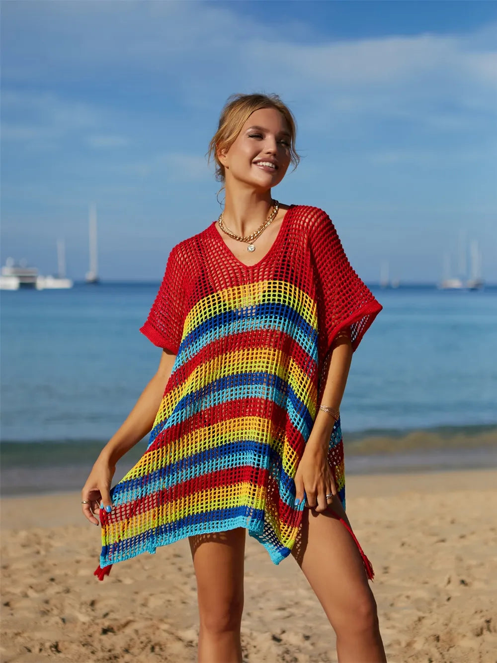 Cutout Striped Cover-Up with Tassel - Korvel