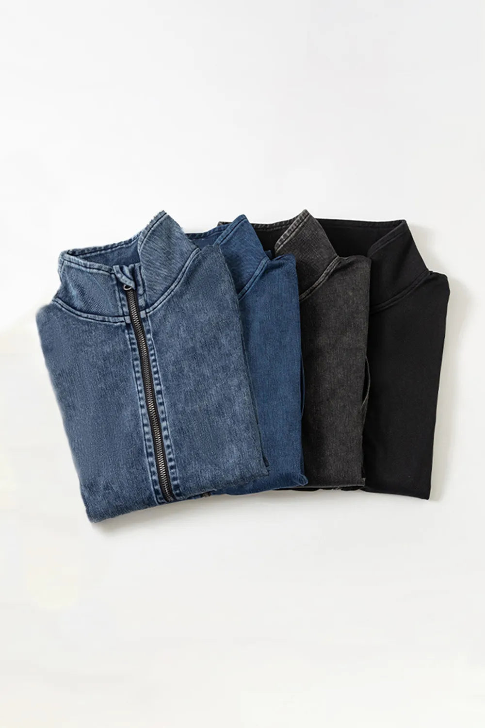 Pocketed Turtleneck Zip Up Denim Top - Korvel