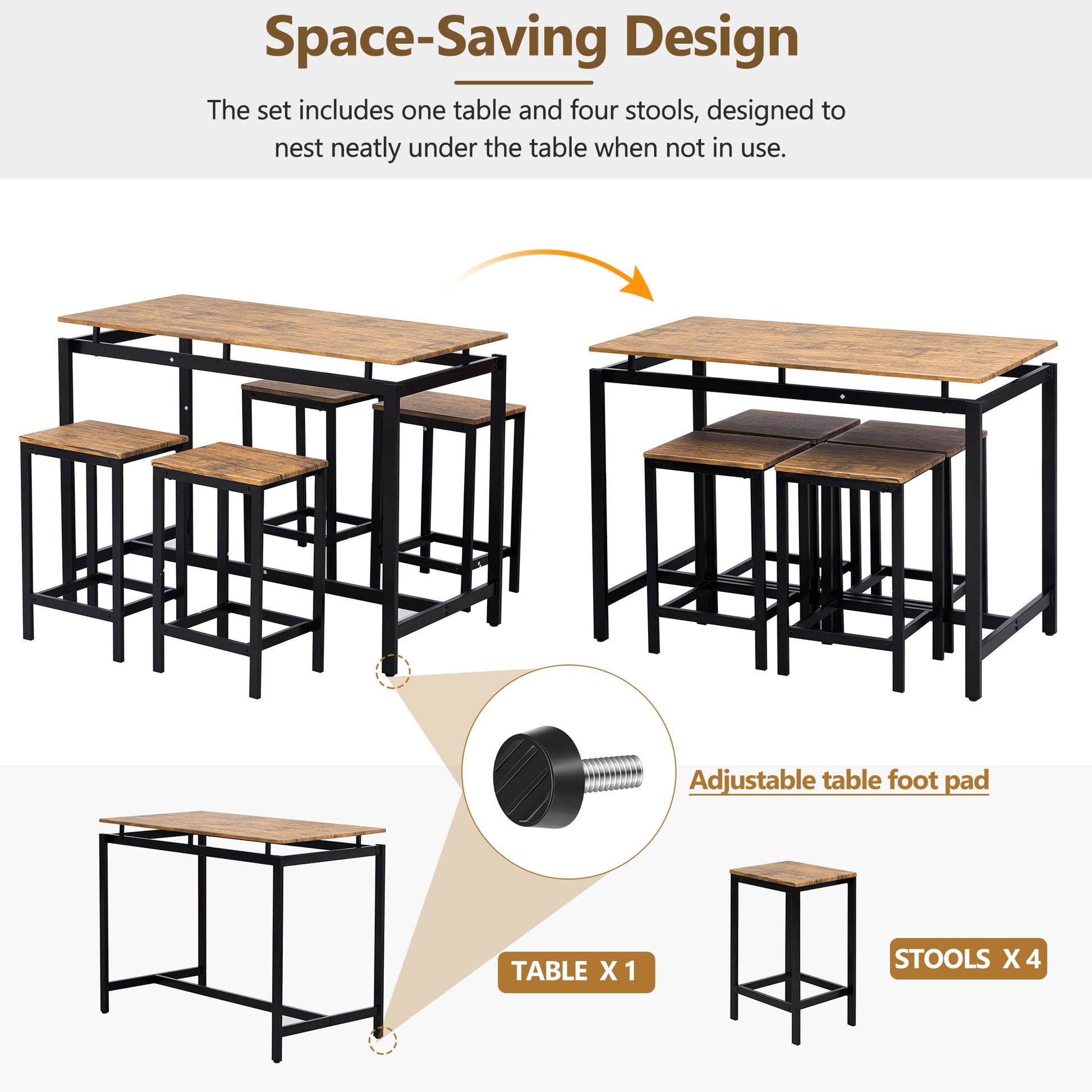 TREXM 5-piece compact bar table with table and stool - modern industrial design brown - Korvel