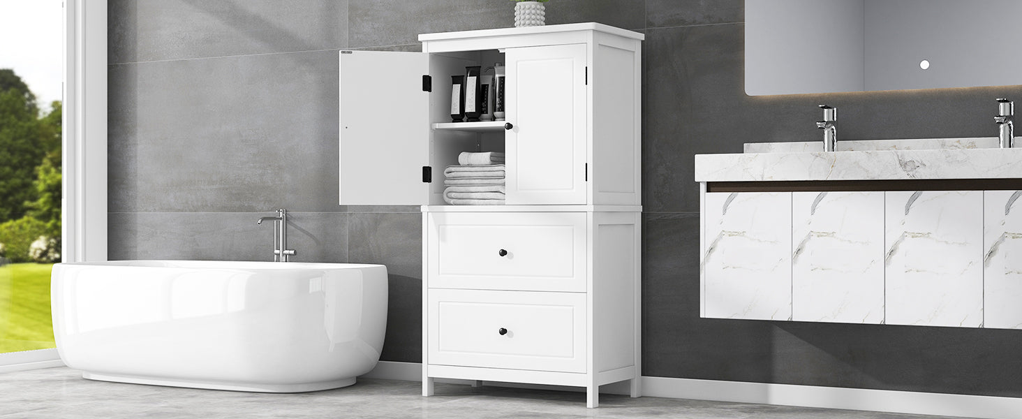 Bathroom Storage Cabinet, Cabinet with Two Doors and Drawers, Adjustable Shelf, MDF Board, White - Korvel