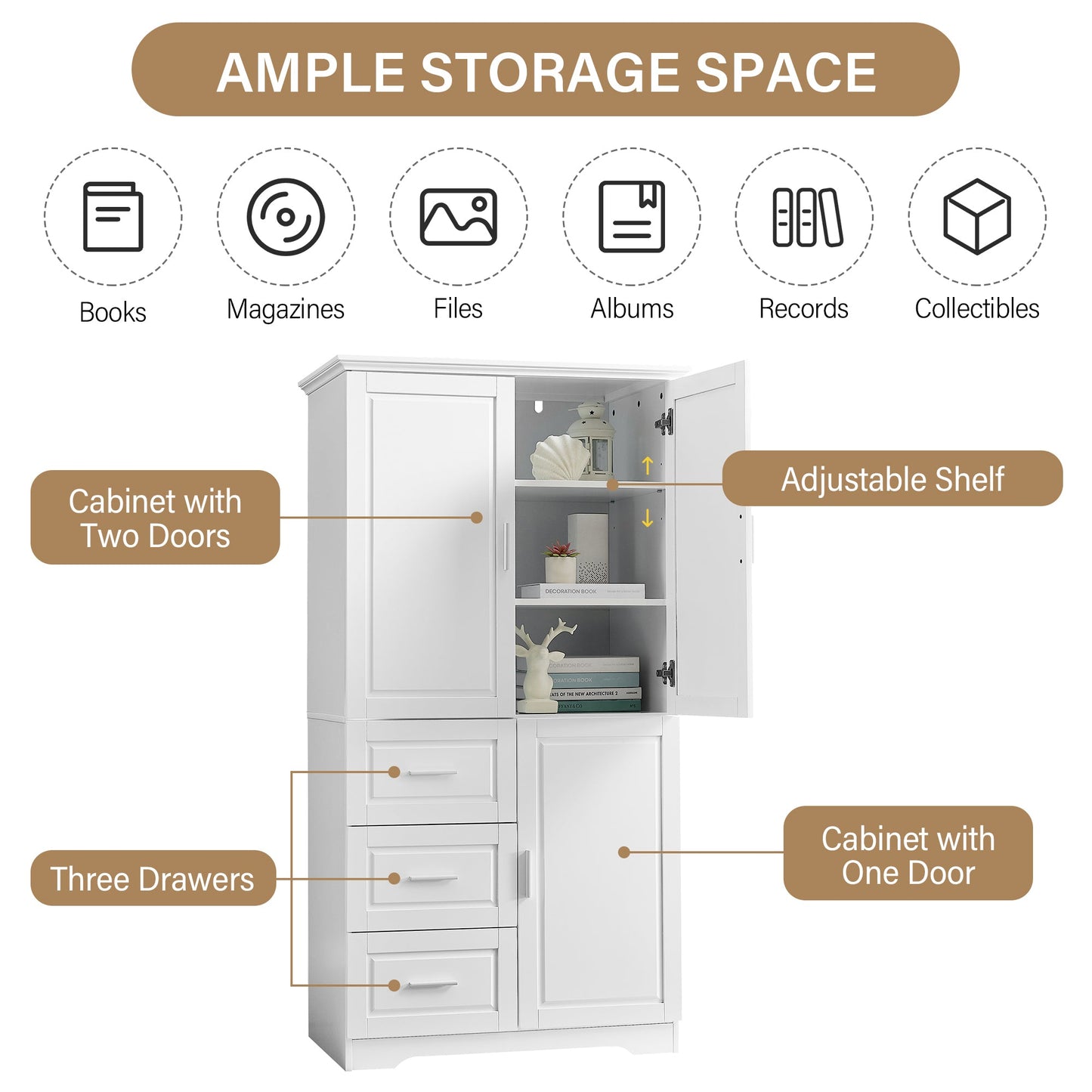 Tall and Wide Storage Cabinet with Doors for Bathroom/Office, Three Drawers, White - Korvel