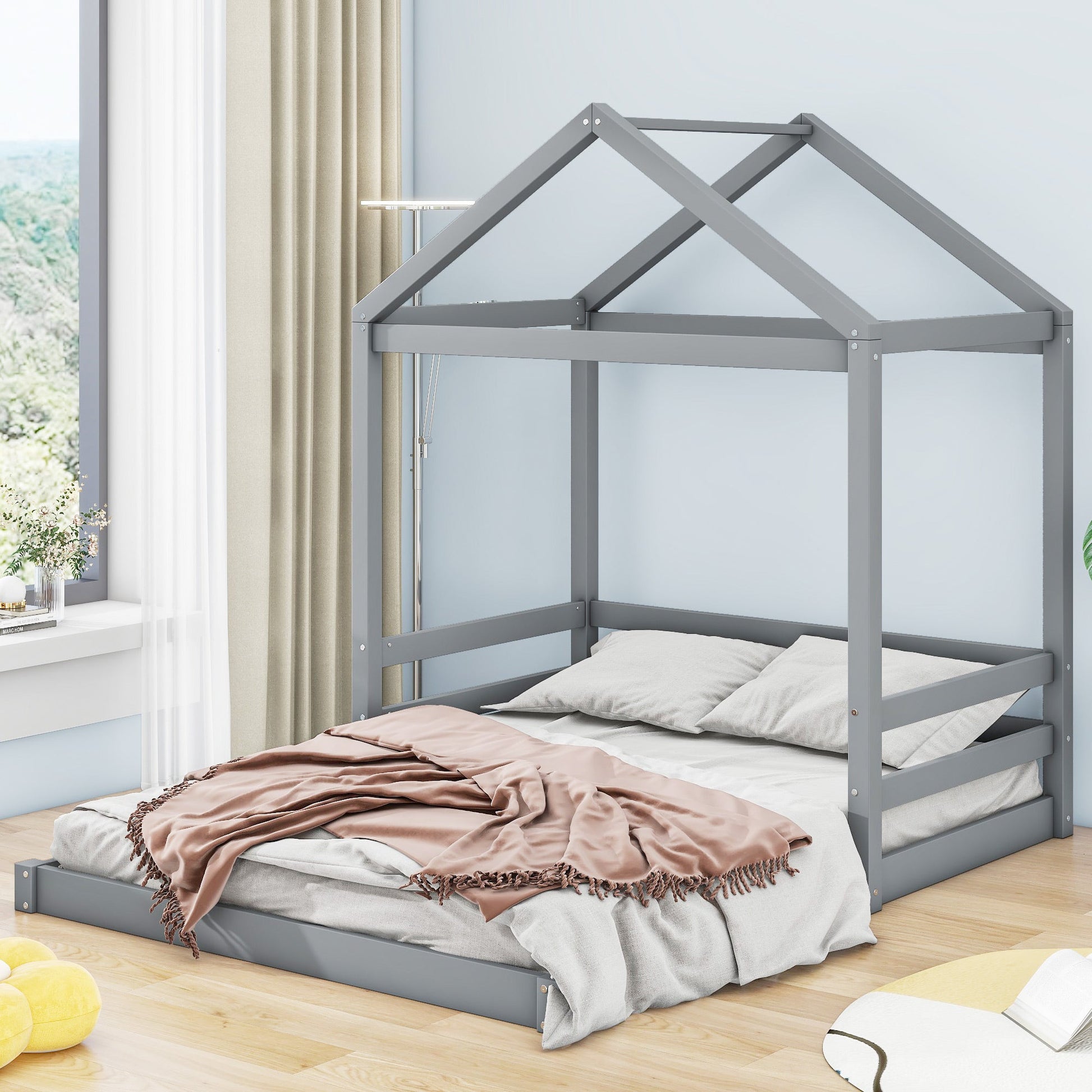 Wood Full Size House Bed with Guardrail, Grey - Korvel
