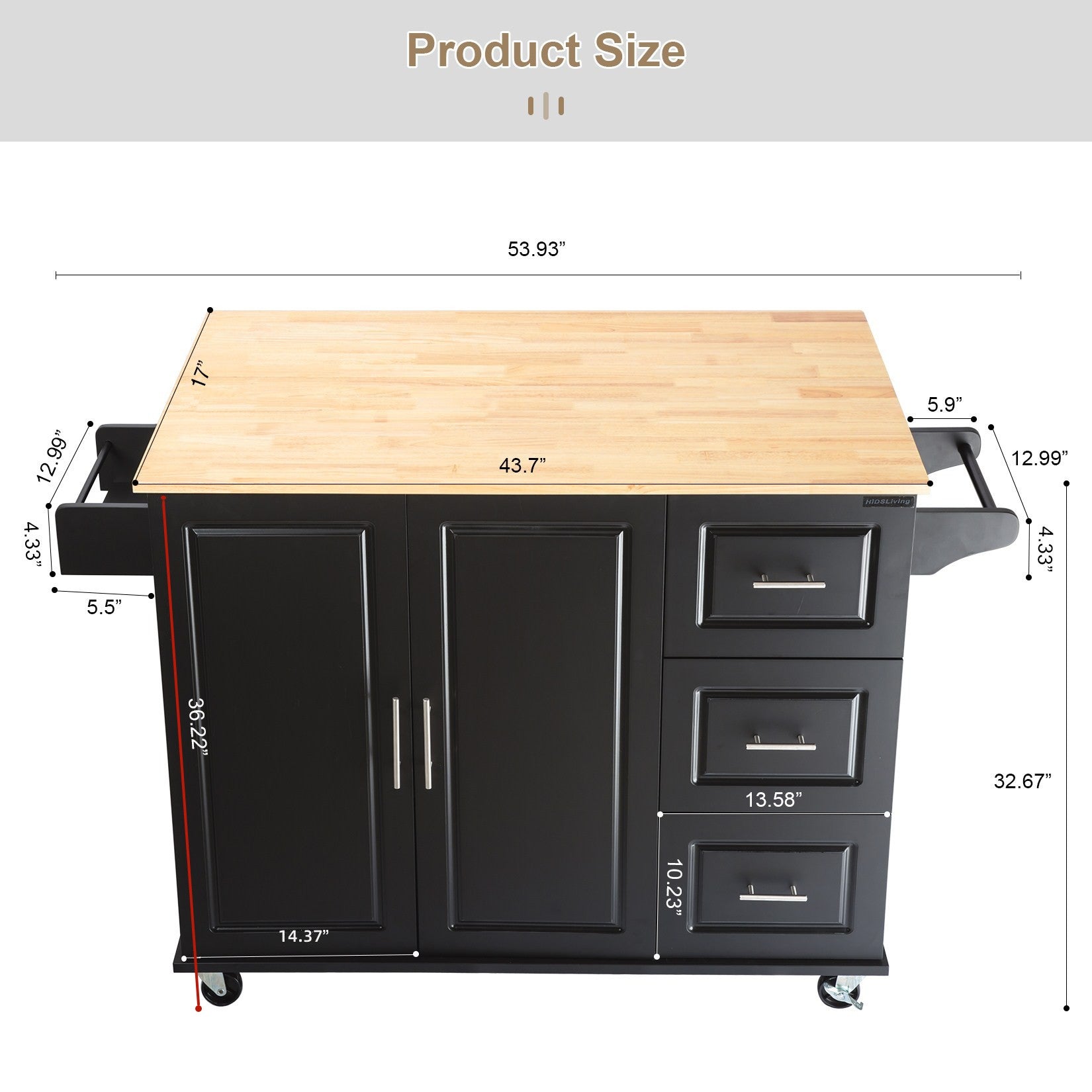 Kitchen Island & Kitchen Cart Mobile Kitehcn Island with Extensible Rubber Wood Table Top - Korvel