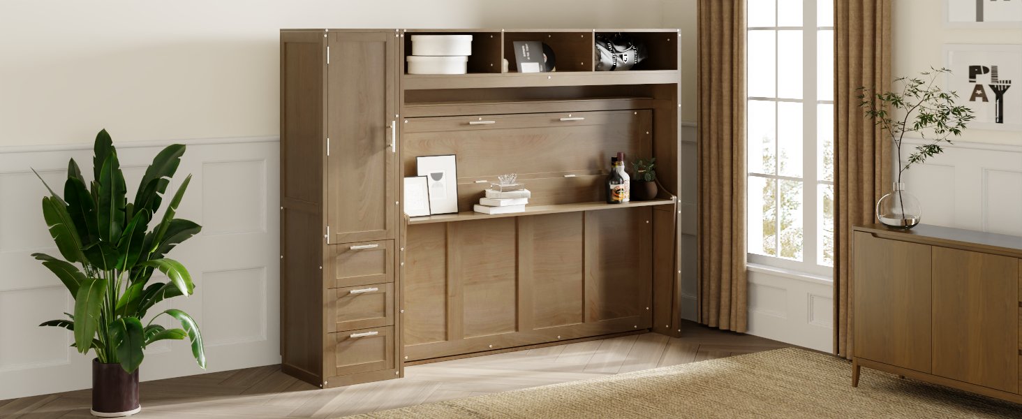 Full Size Murphy Bed with Wardrobe, Drawers and Open Shelves, Antique Grey - Korvel
