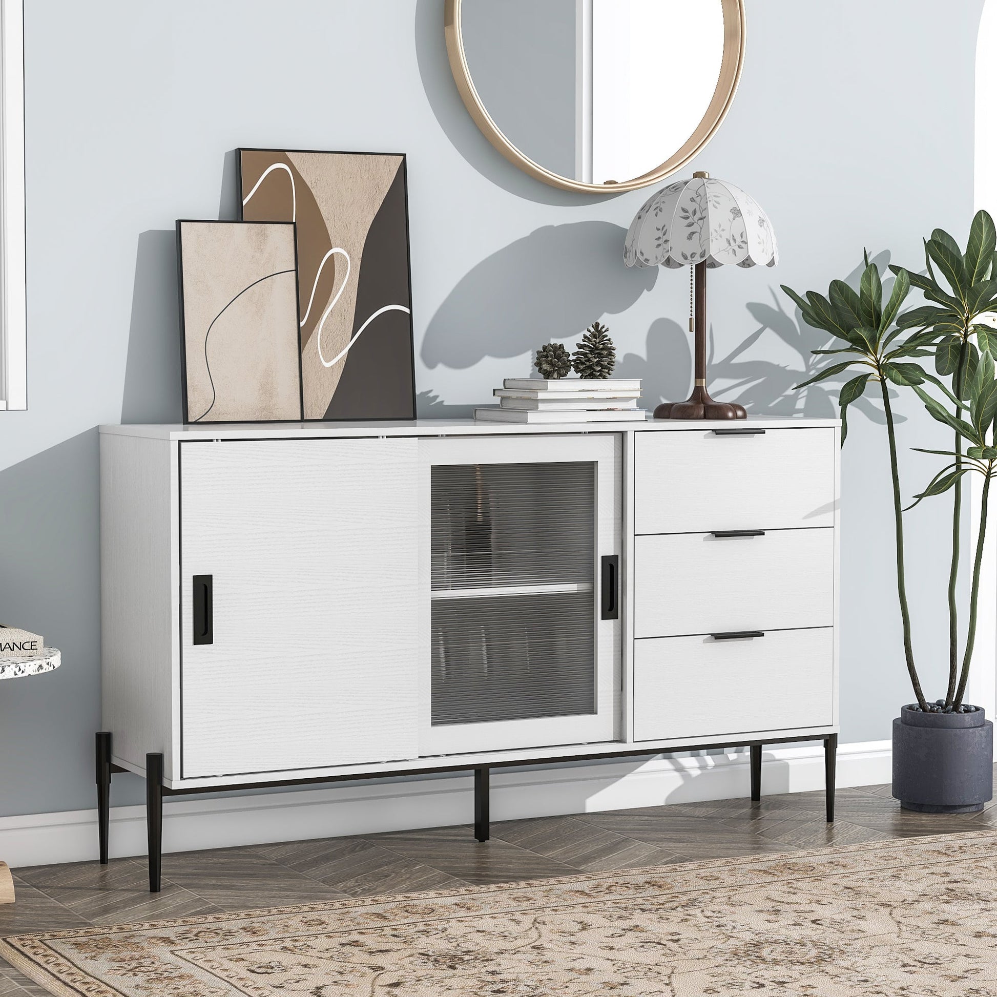 Modern characteristic storage cabinet side panel with glass sliding door and 3 drawers, dining table cabinet in white color - Korvel