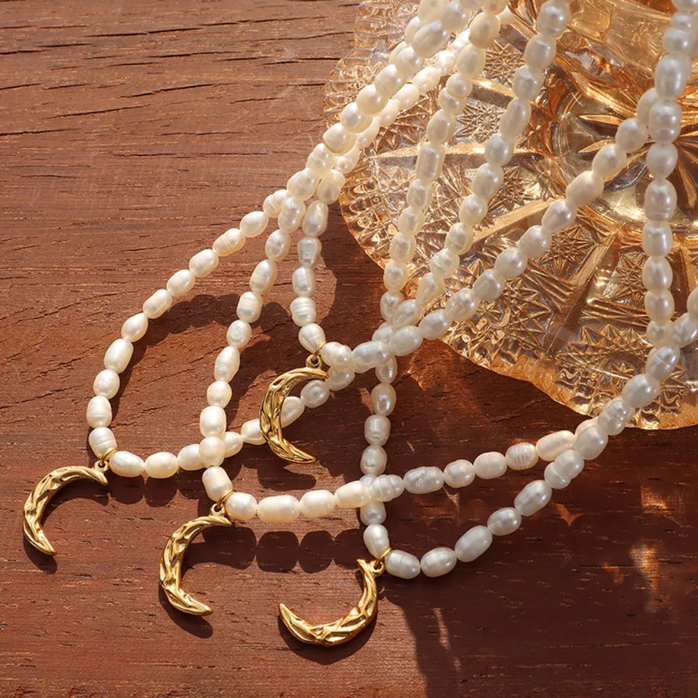 Pearl Titanium Steel Moon Shape Pendant Necklace - Korvel