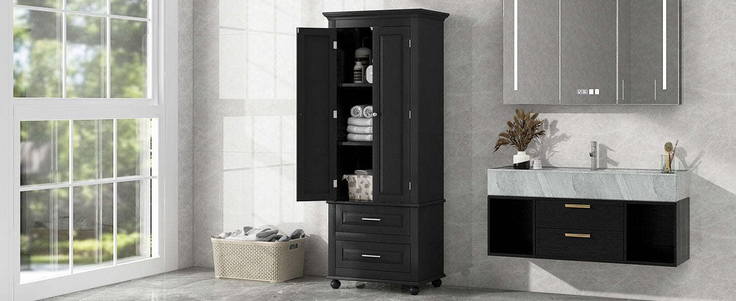Tall Storage Cabinet with Two Drawers for Bathroom/Office, Black - Korvel