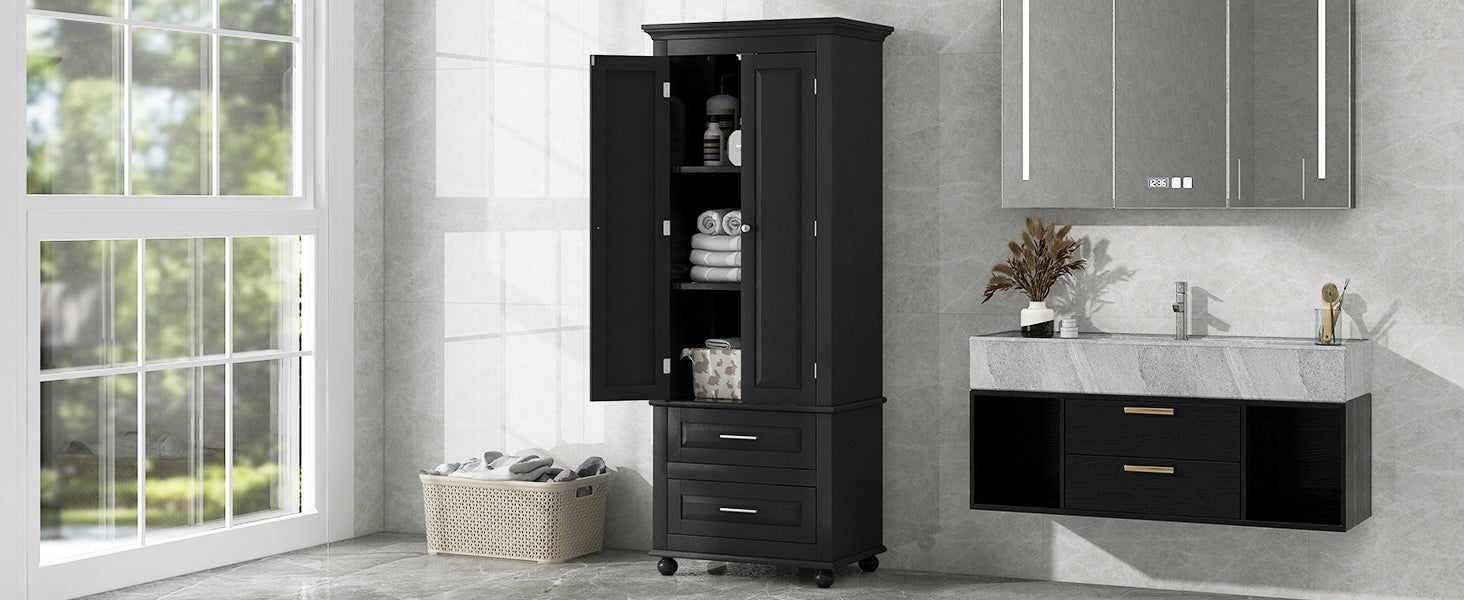 Tall Storage Cabinet with Two Drawers for Bathroom/Office, Black - Korvel