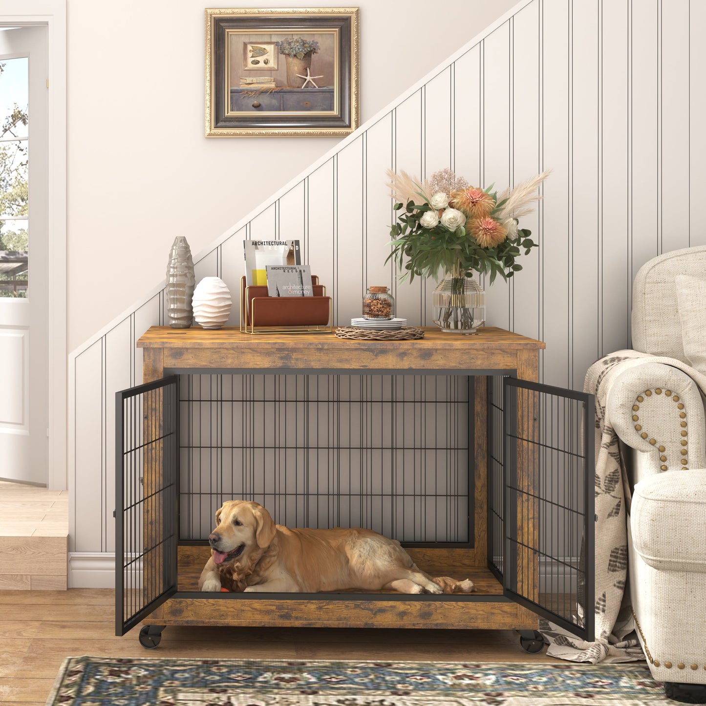 Jaula para Perros de Madera Marrón Rústica con Puertas Dobles