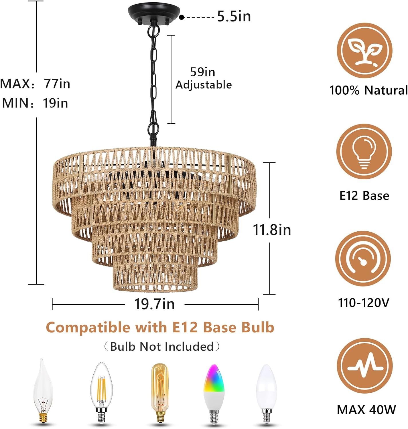 6-Light Dining Room Light Fixture, Wicker Pendant Lighting with 4-Tier Woven Lampshade, Large Farmhouse Chandeliers (20") - Korvel