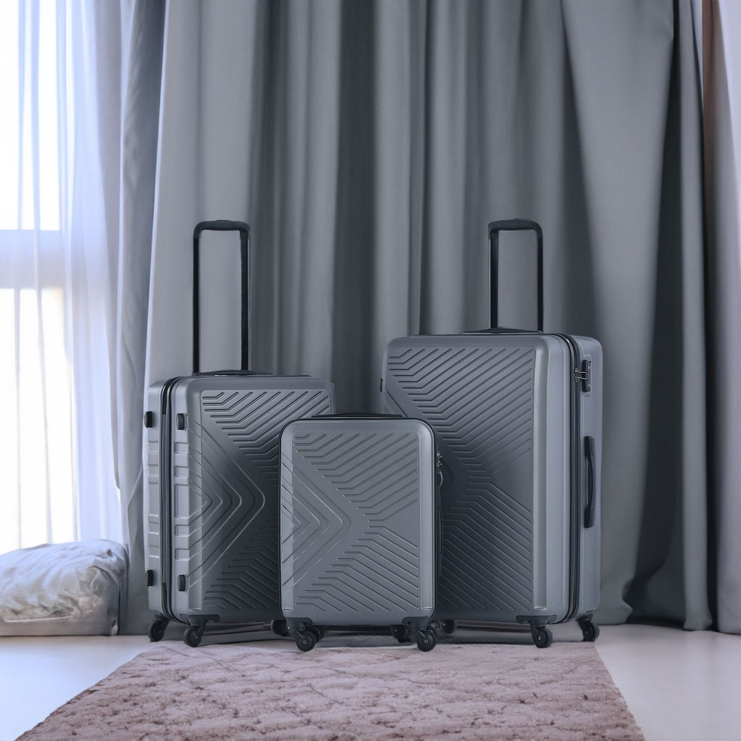 3 Piece Luggage Sets ABS Lightweight Suitcase with Two Hooks, Spinner Wheels, TSA Lock, (20/24/28) Gray - Korvel