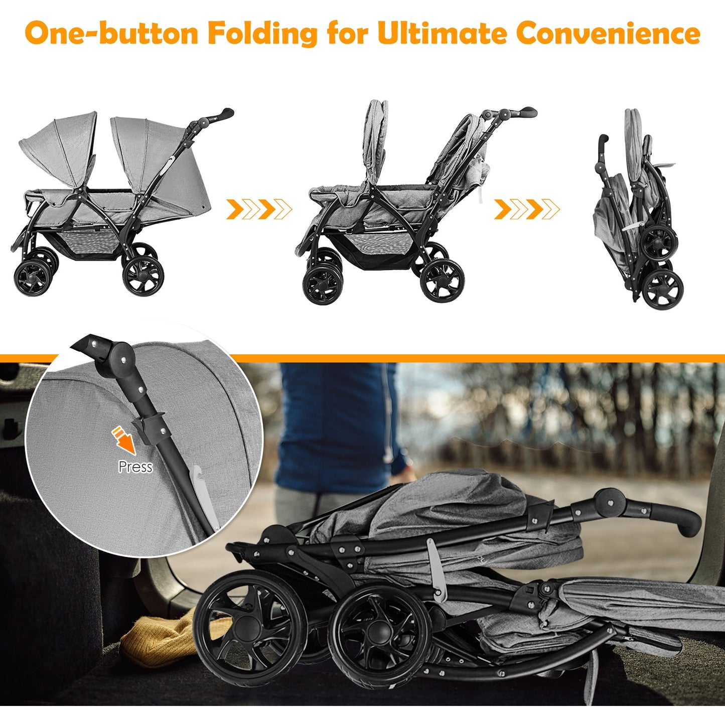 Foldable Lightweight Double Baby Stroller - Gray