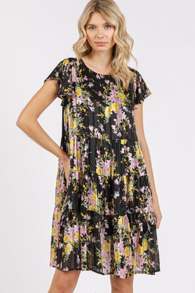 Summer Flower Print Round Neck Flutter Sleeve Tiered Dress