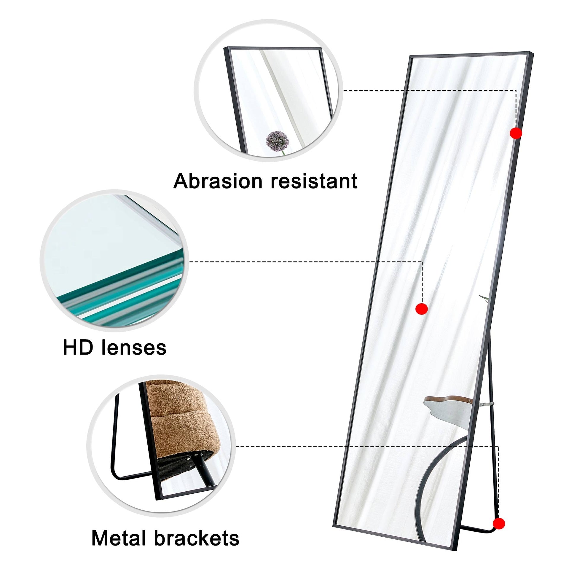 Aluminum alloy metal frame wall mounted full-length mirror black 65 * 23“ - Korvel