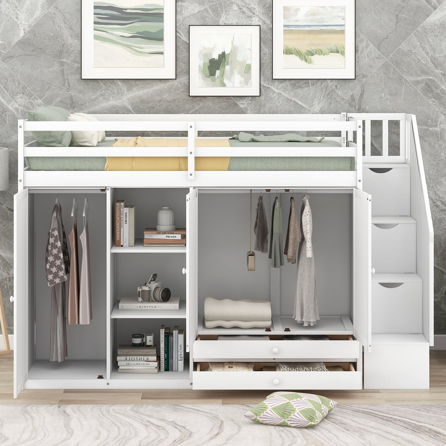 Functional Loft Bed with Storage and Shelves in White