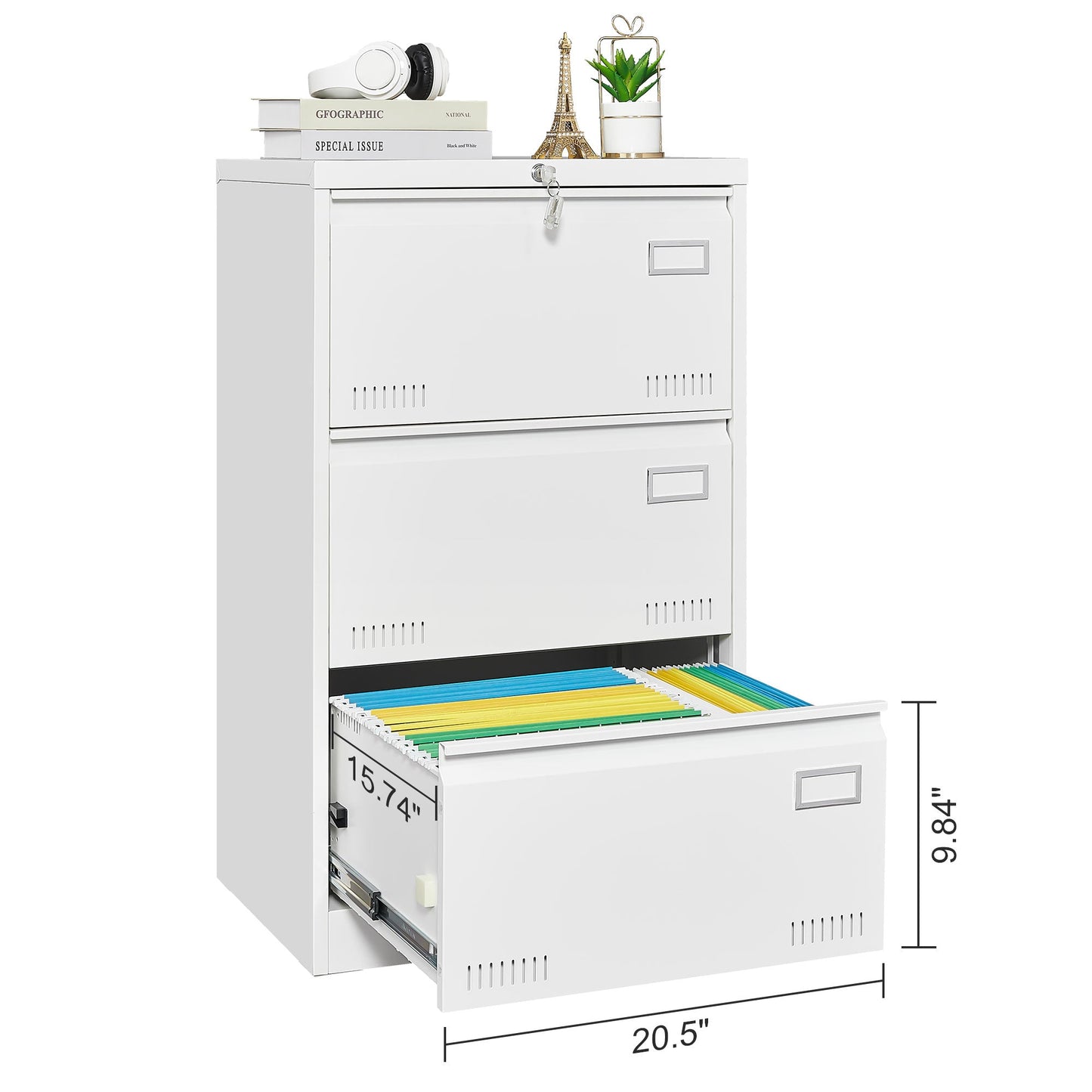Cabinet de classement latéral premium avec serrure - 3 tiroirs design blanc